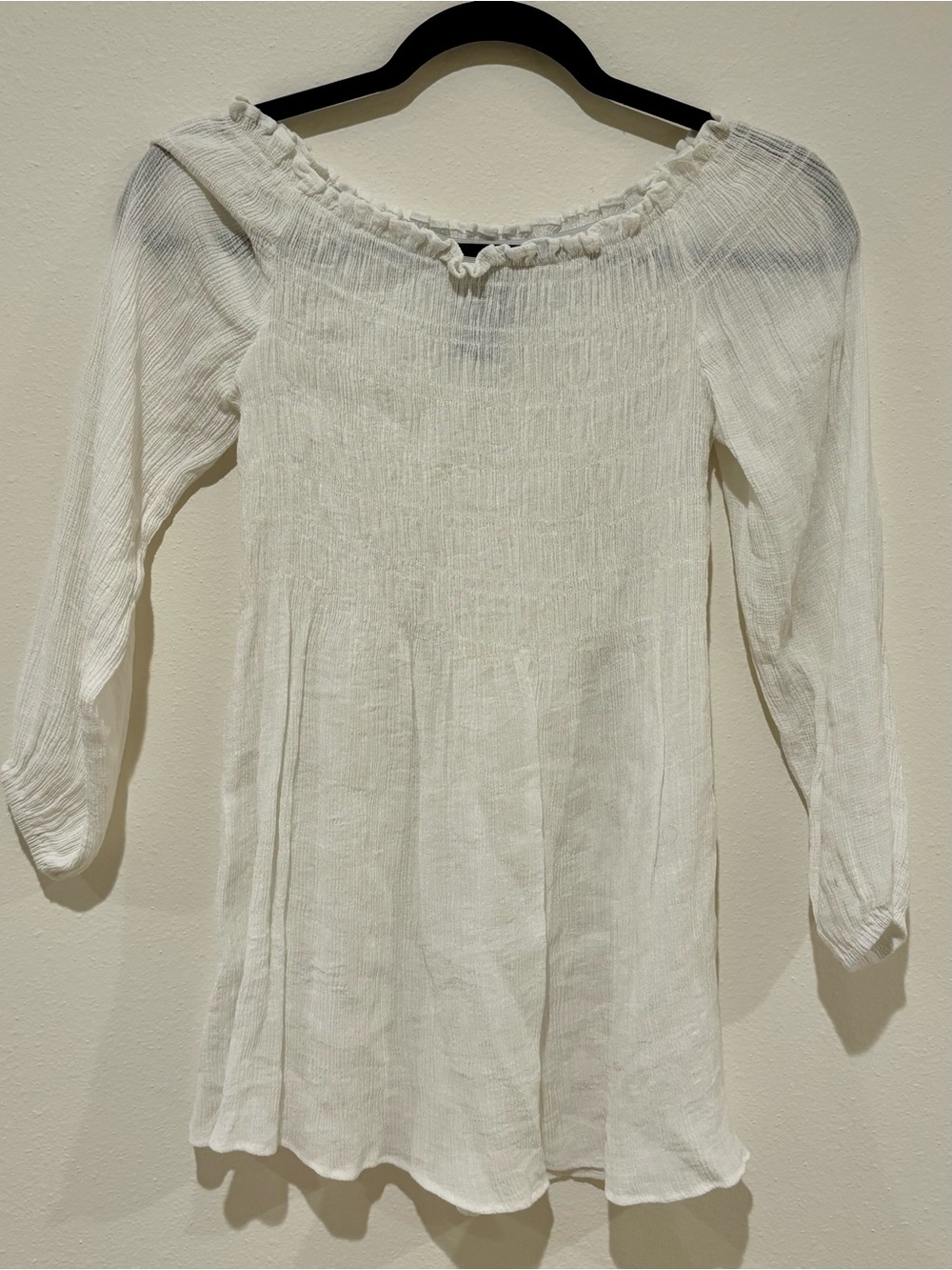 White Off-Shoulder Smocked Tunic Top